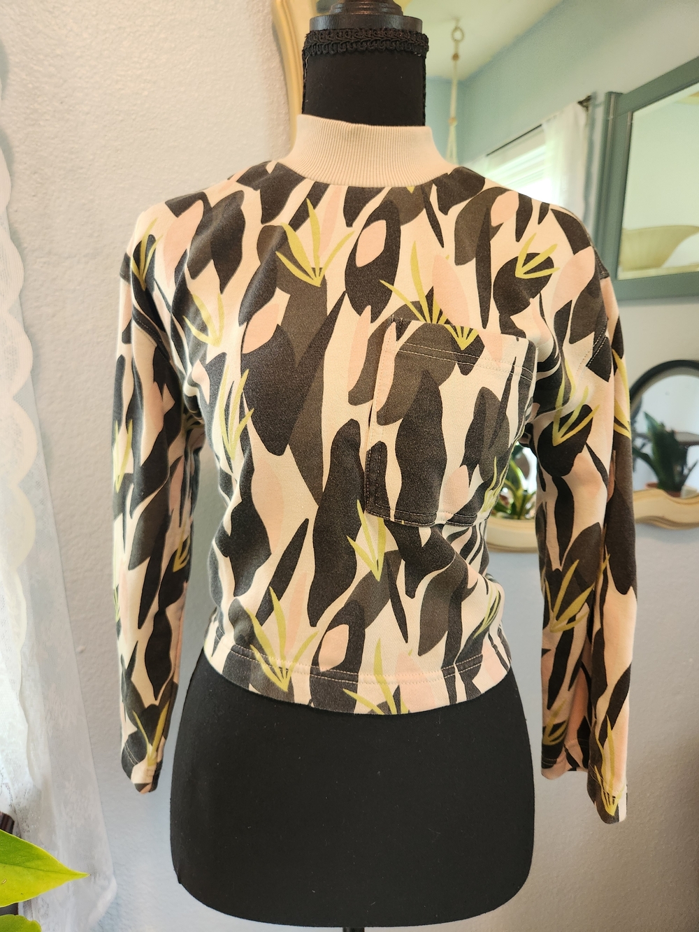 Monki Abstract Print Long-Sleeve Top in Beige, Black & Olive